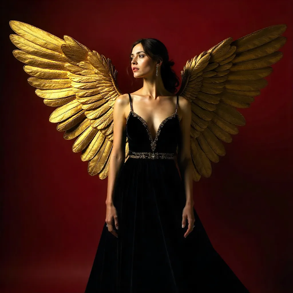Crimson Backdrop with Golden Angel Wings