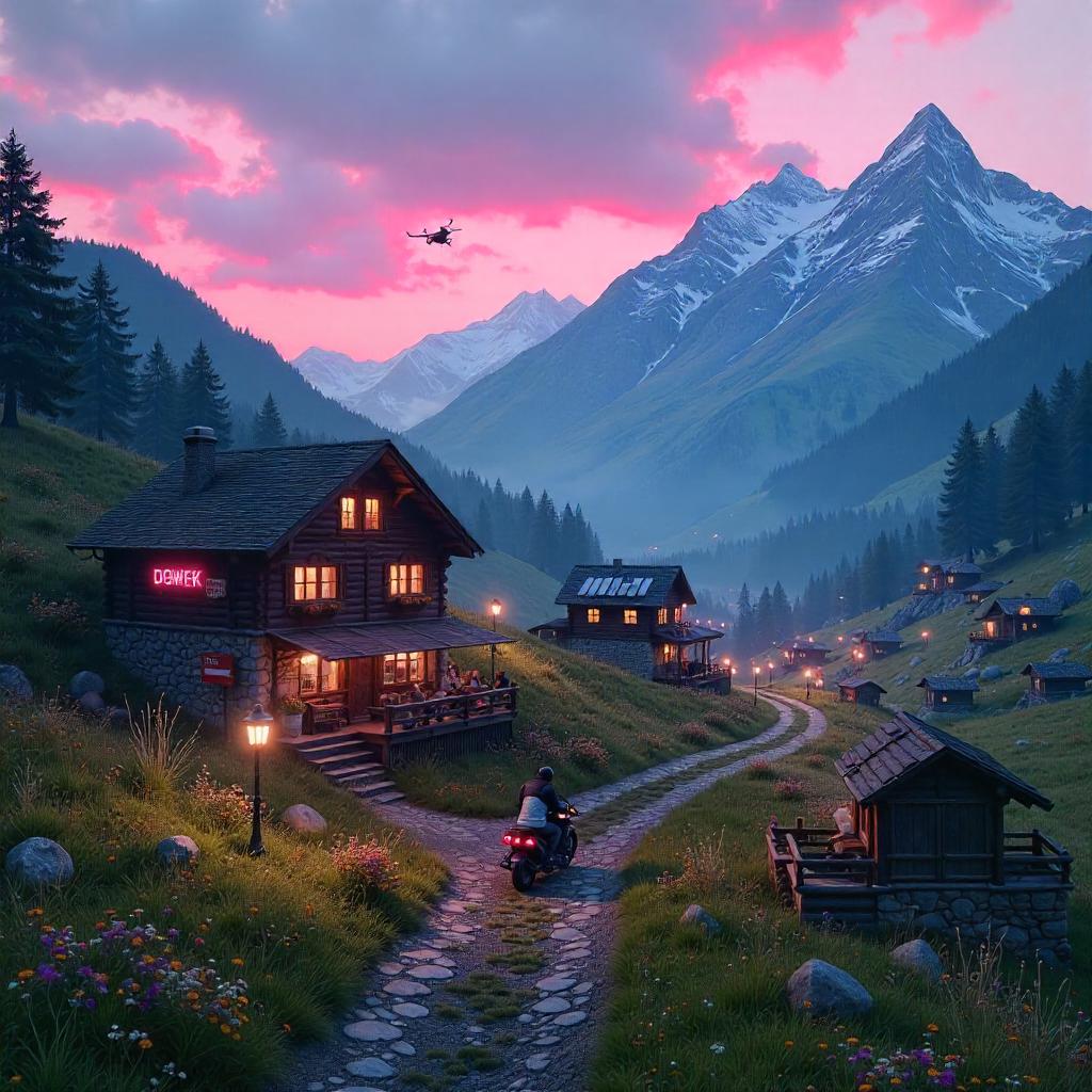 Neon Alps Village: Cyberpunk Meadowscape