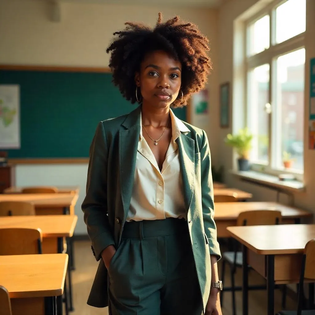 Photorealistic Stylish Black Girl in a Classroom