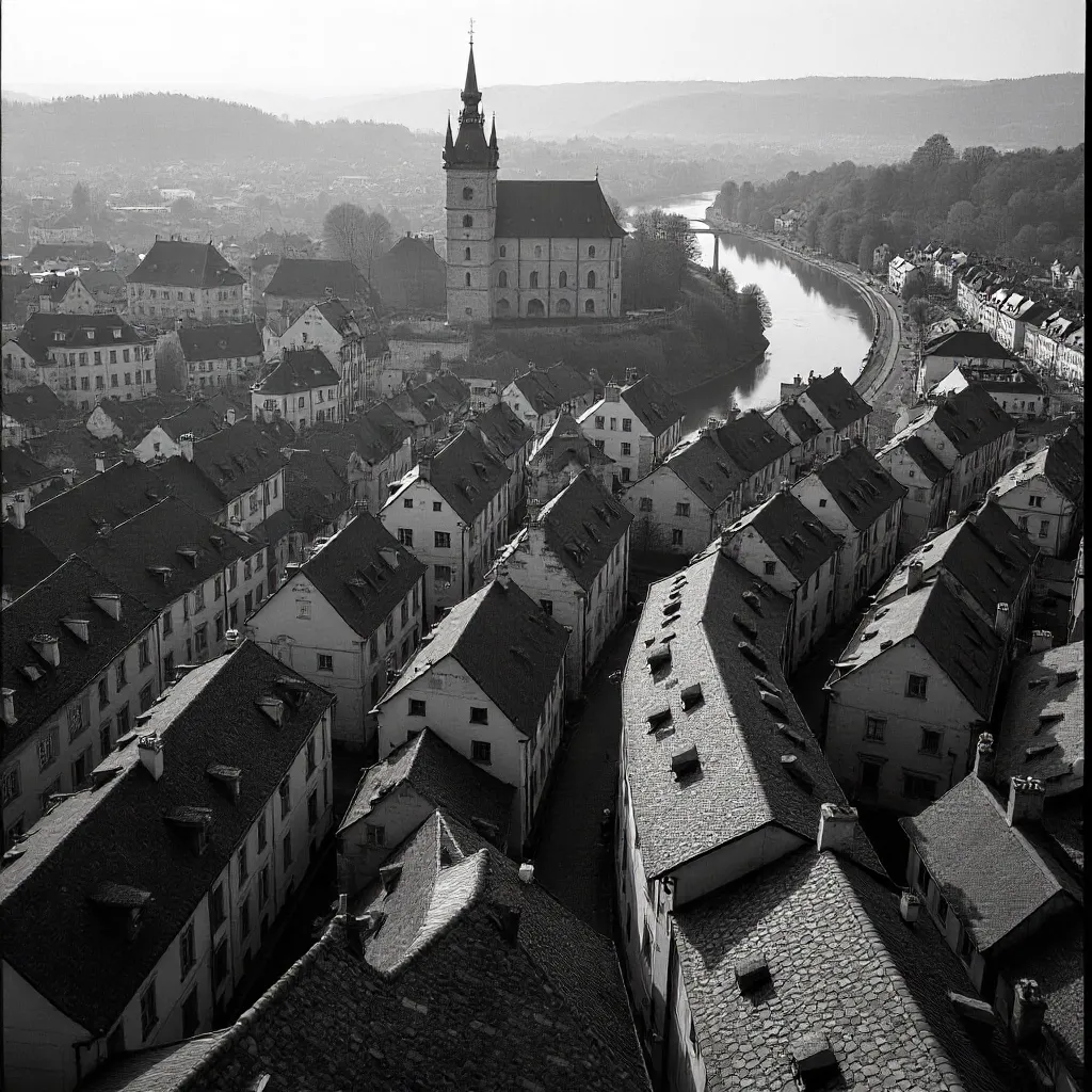 Monochrome Aerial View of Český Krumlov Rooftops