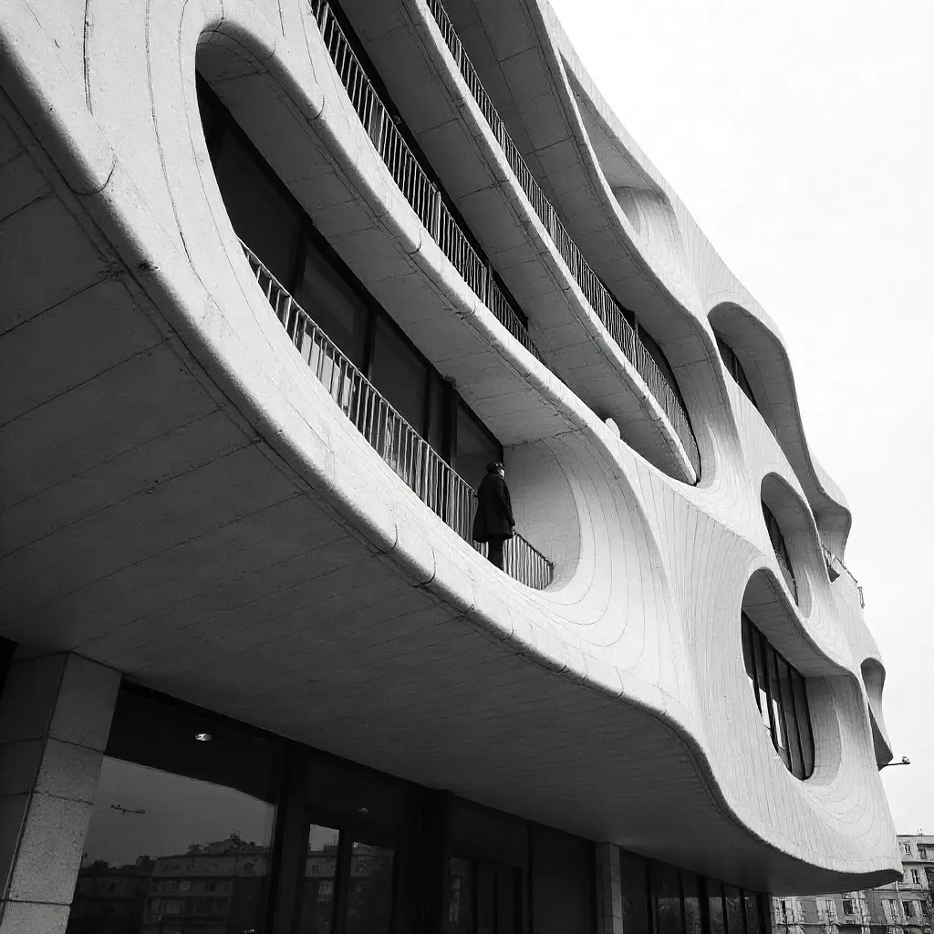 Monochrome Wave-Facade Balcony Portrait