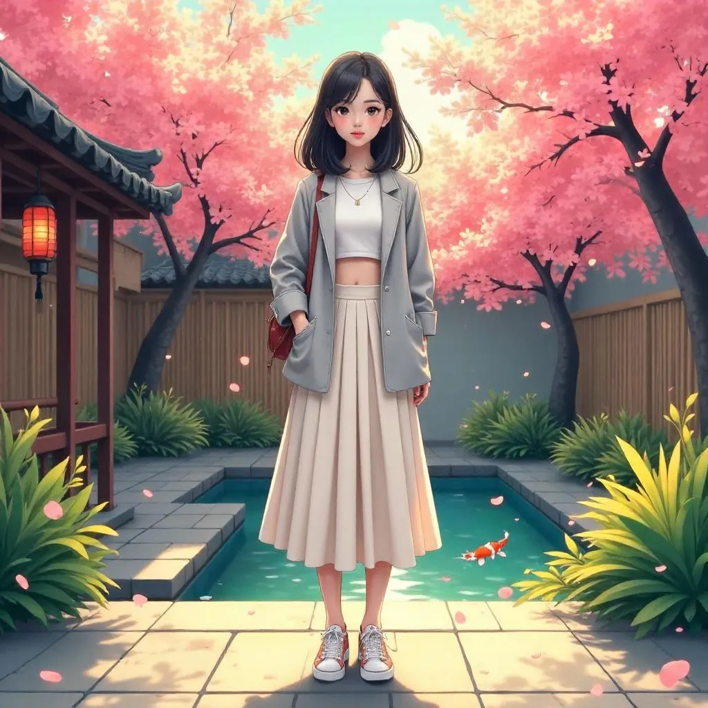 Stylish Asian Woman in a Courtyard - Anime Style