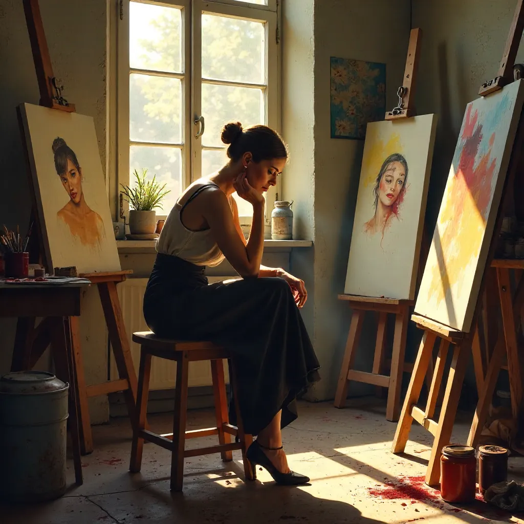 Contemplative Woman in an Artist's Studio