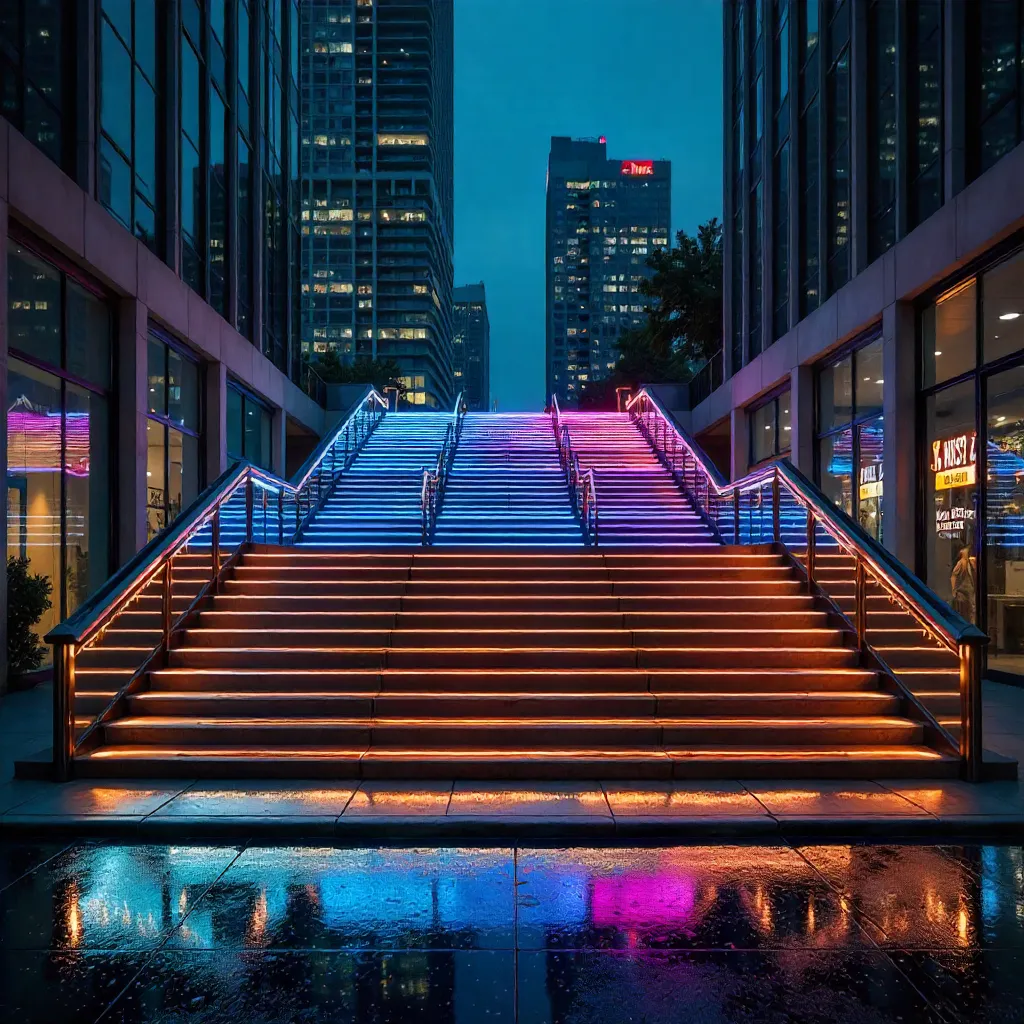 Symmetrical Night Staircase in Neon City