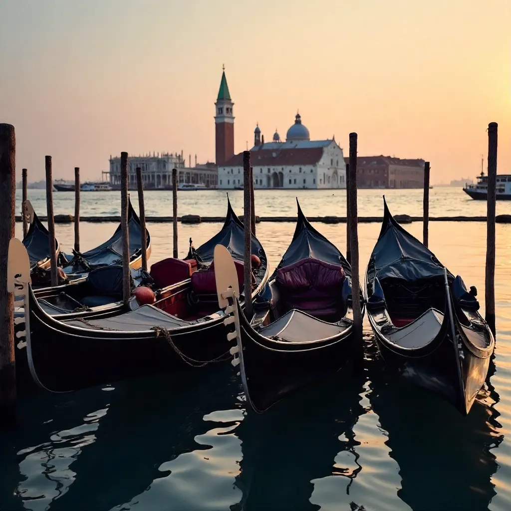 Elegant Gondolas in a Venetian Canal at Sunset