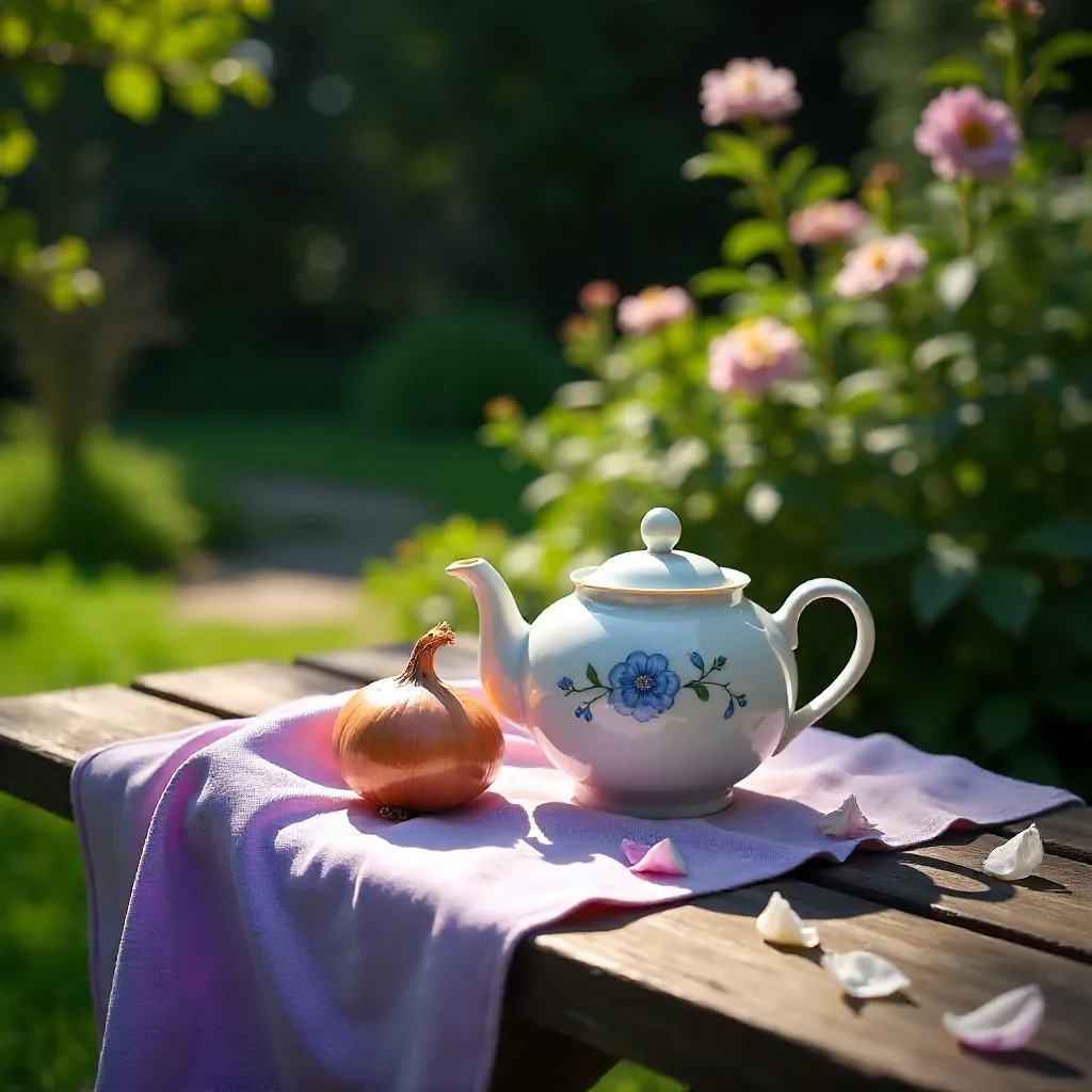 Porcelain Teapot on Lilac Fabric in a Garden