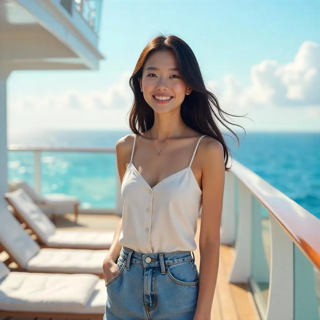 Cheerful Asian Woman on a Cruise Ship - 3D Render