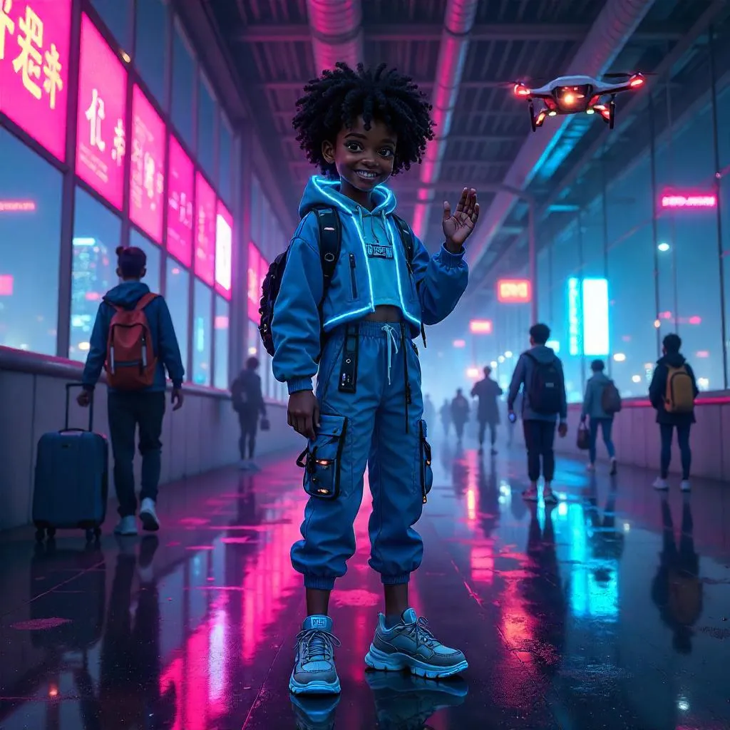 Cheerful Black Girl in a Neon Cyberpunk Airport