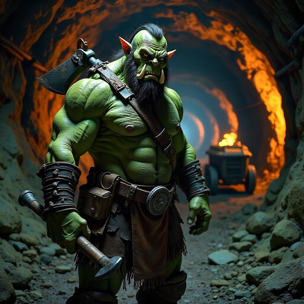Photorealistic Orc Miner in a Dim Ore Mine