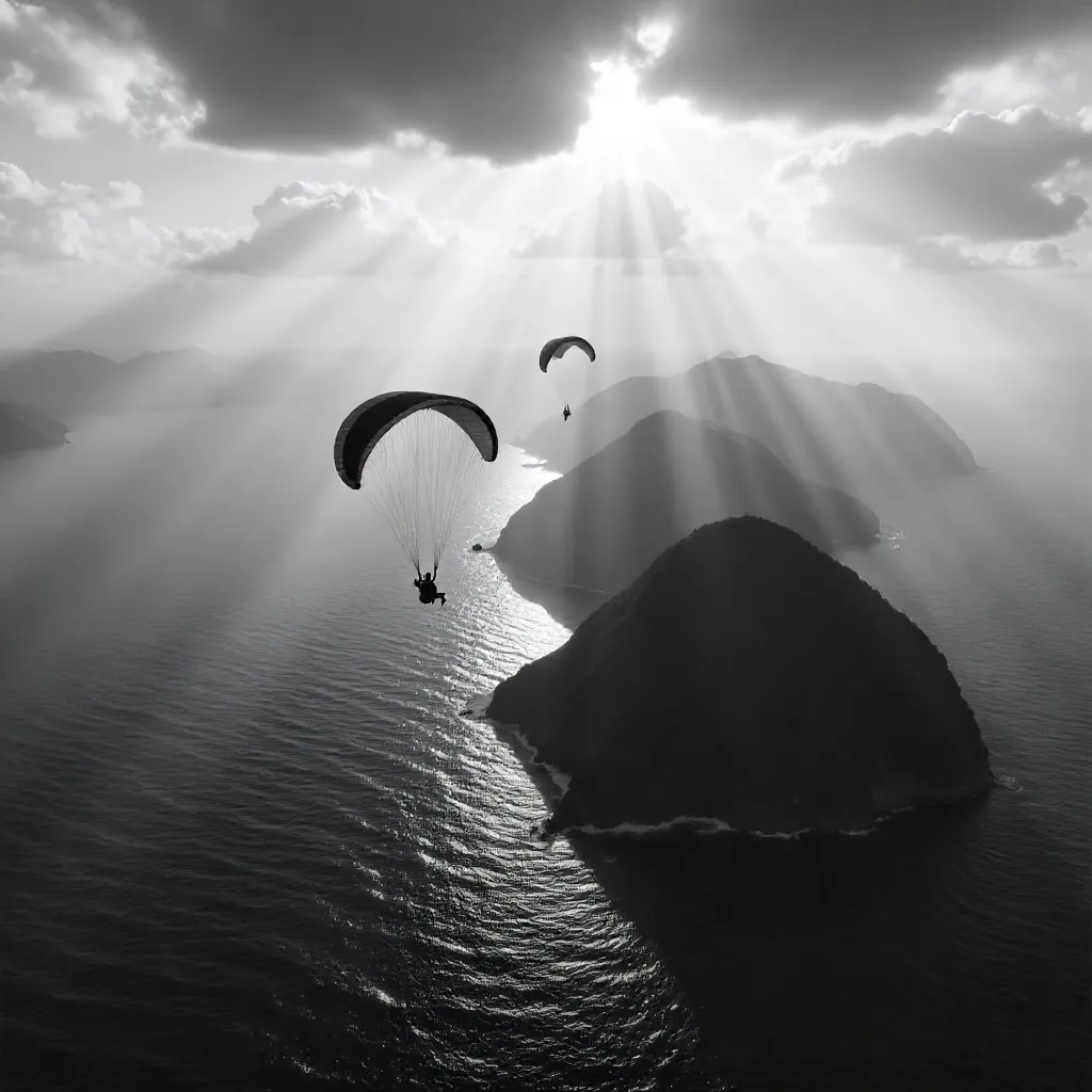 Dramatic monochrome aerial paragliders above misty seas