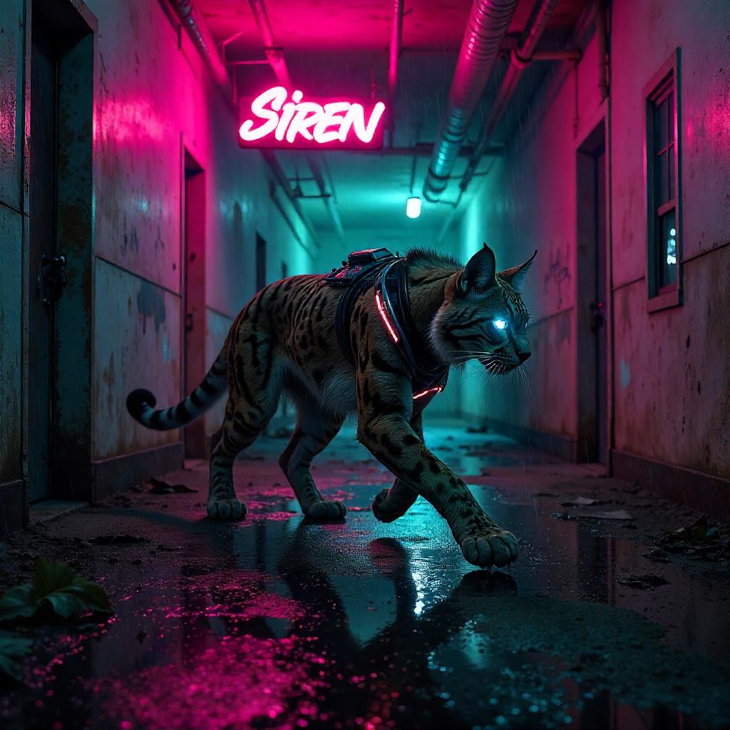 Lynx in Neon: Cyberpunk Warden of the Abandoned Asylum