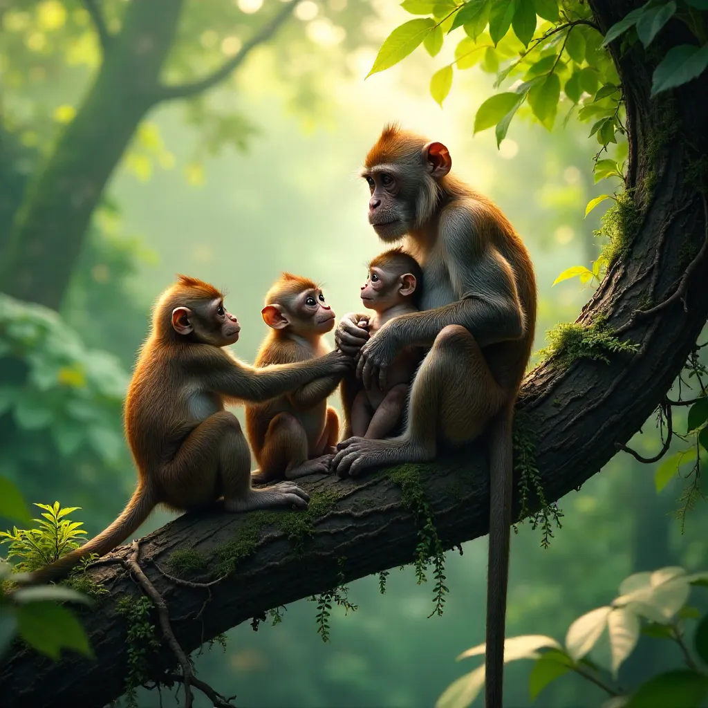 Tender Macaque Family in Lush Tropical Canopy
