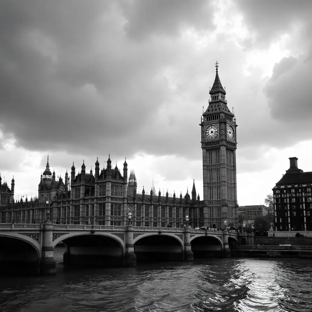 Monochrome Big Ben and Parliament under Clouds