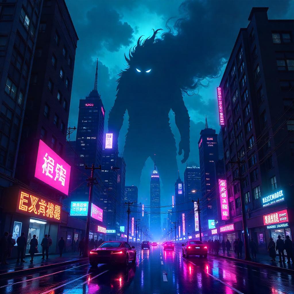 Shadow Creature of Neon Night in Futuristic City