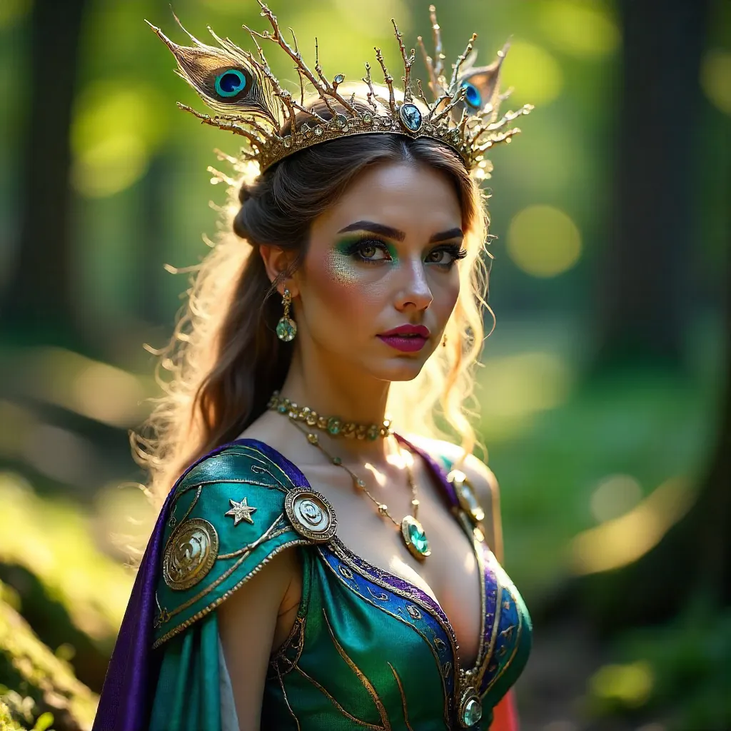 Vibrant Outdoor Fantasy Cosplay: Elaborate Makeup and Headpiece