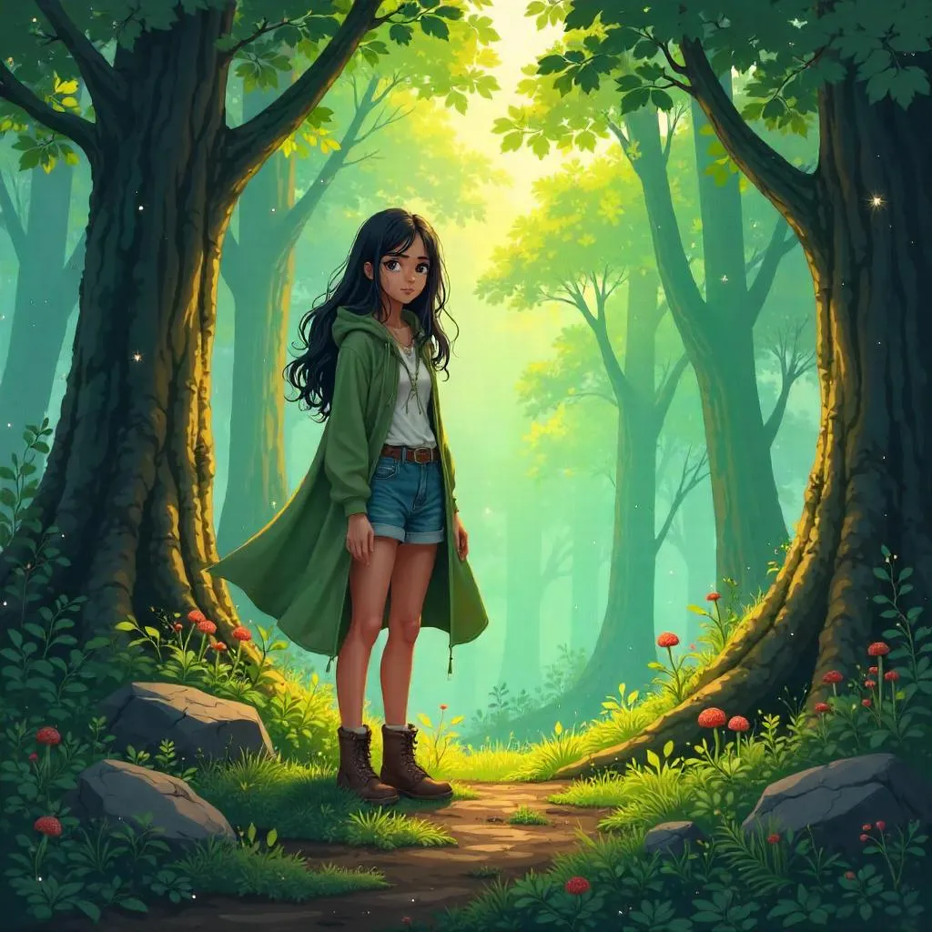 Latina Woman in an Enchanted Forest (Anime)