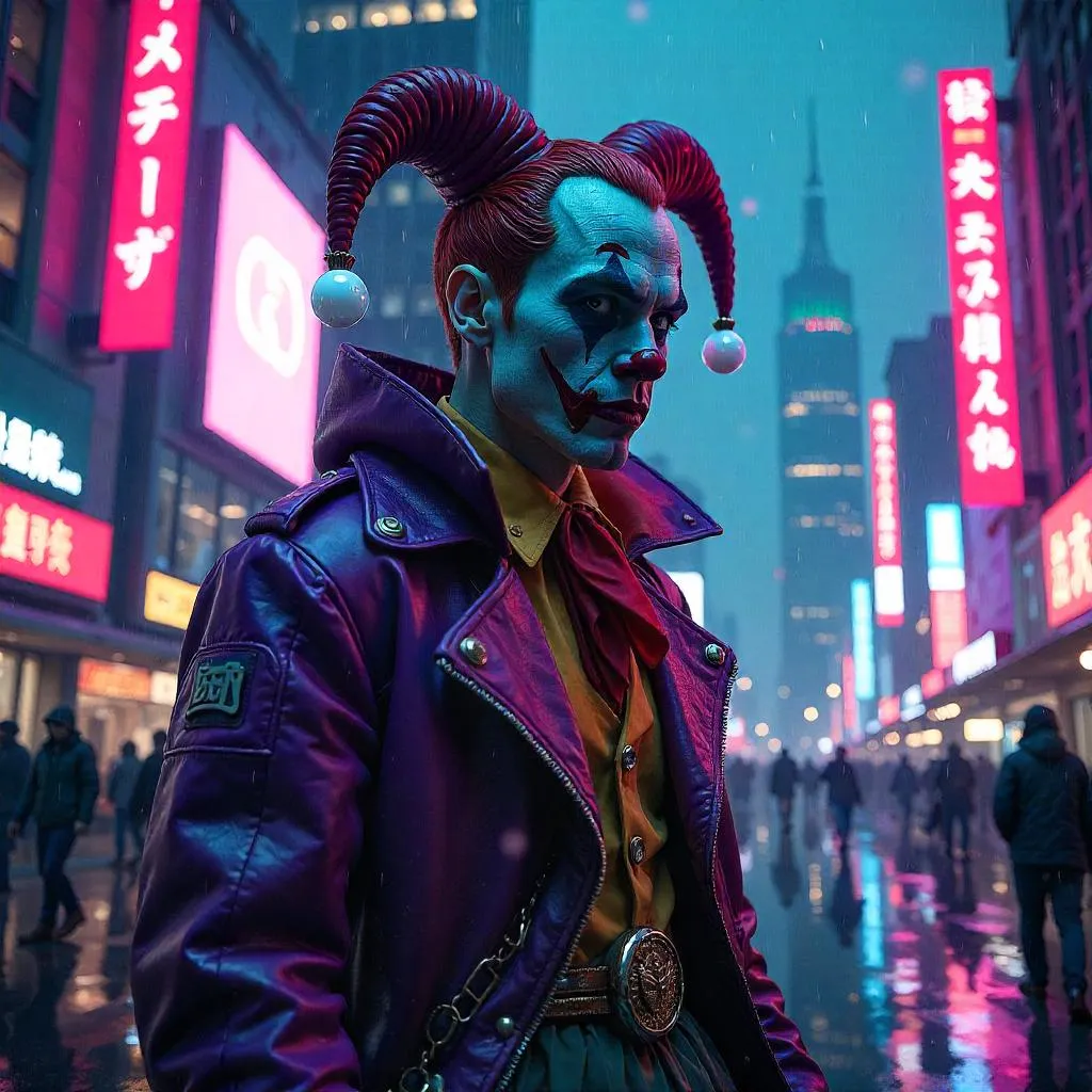Neon Jester in a Futuristic City - Concept Art
