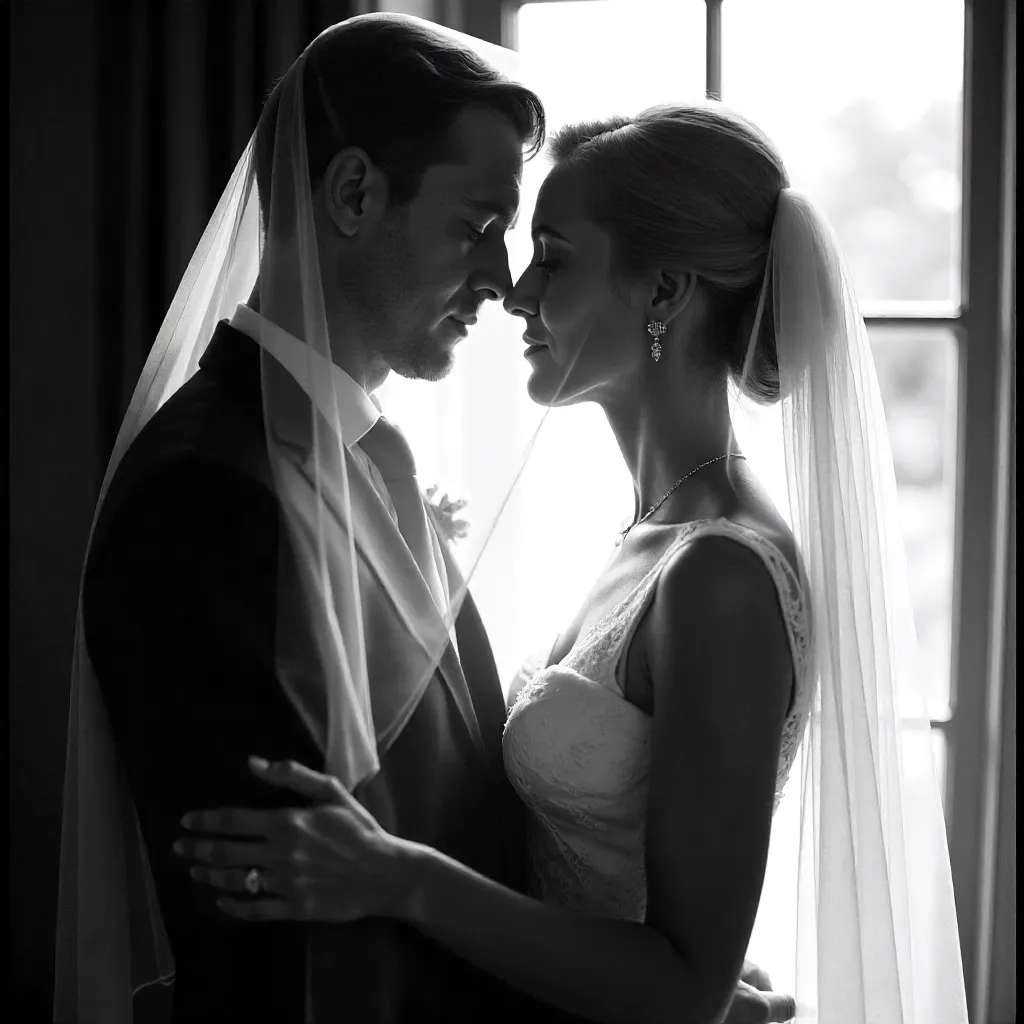 Veiled Romance: Black-and-White Wedding Moment