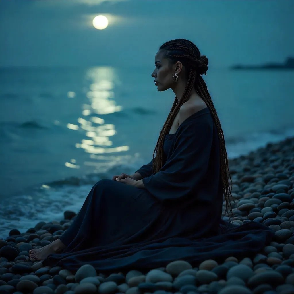Moonlit Braided Woman on Pebble Beach