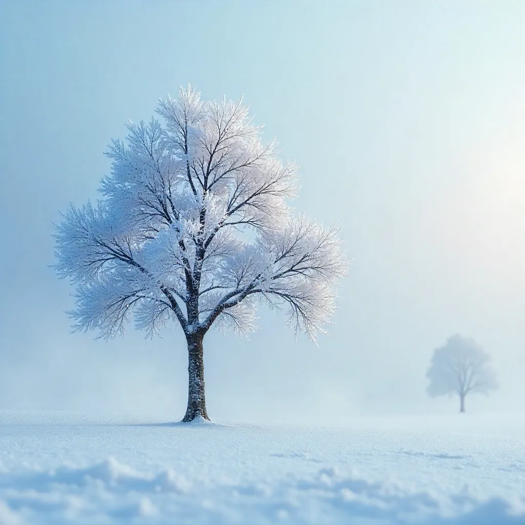 Lone Frosted Tree in a White Winter Scene