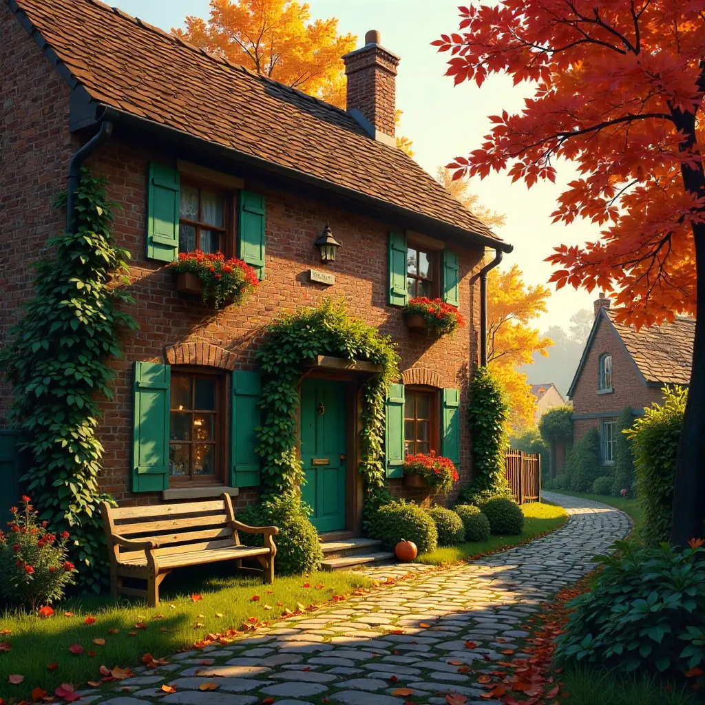 Autumn Brick Cottage with Green Shutters