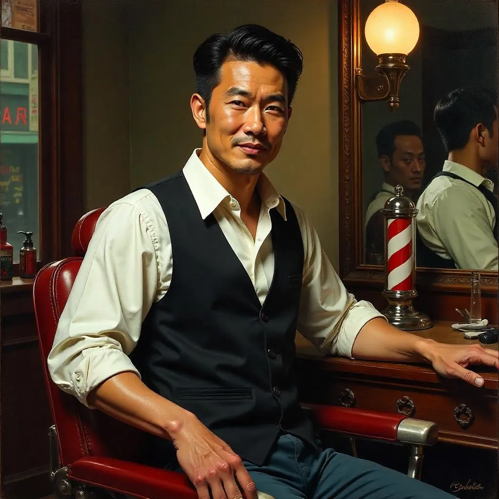 Confident Asian Man in a Barbershop Oil Painting