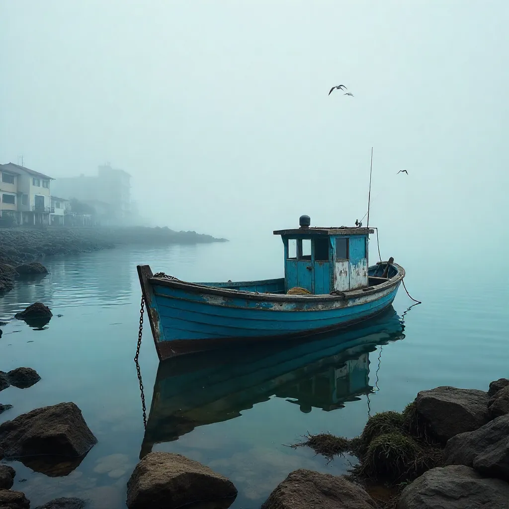 Lone Boat in Foggy Antonina Harbor