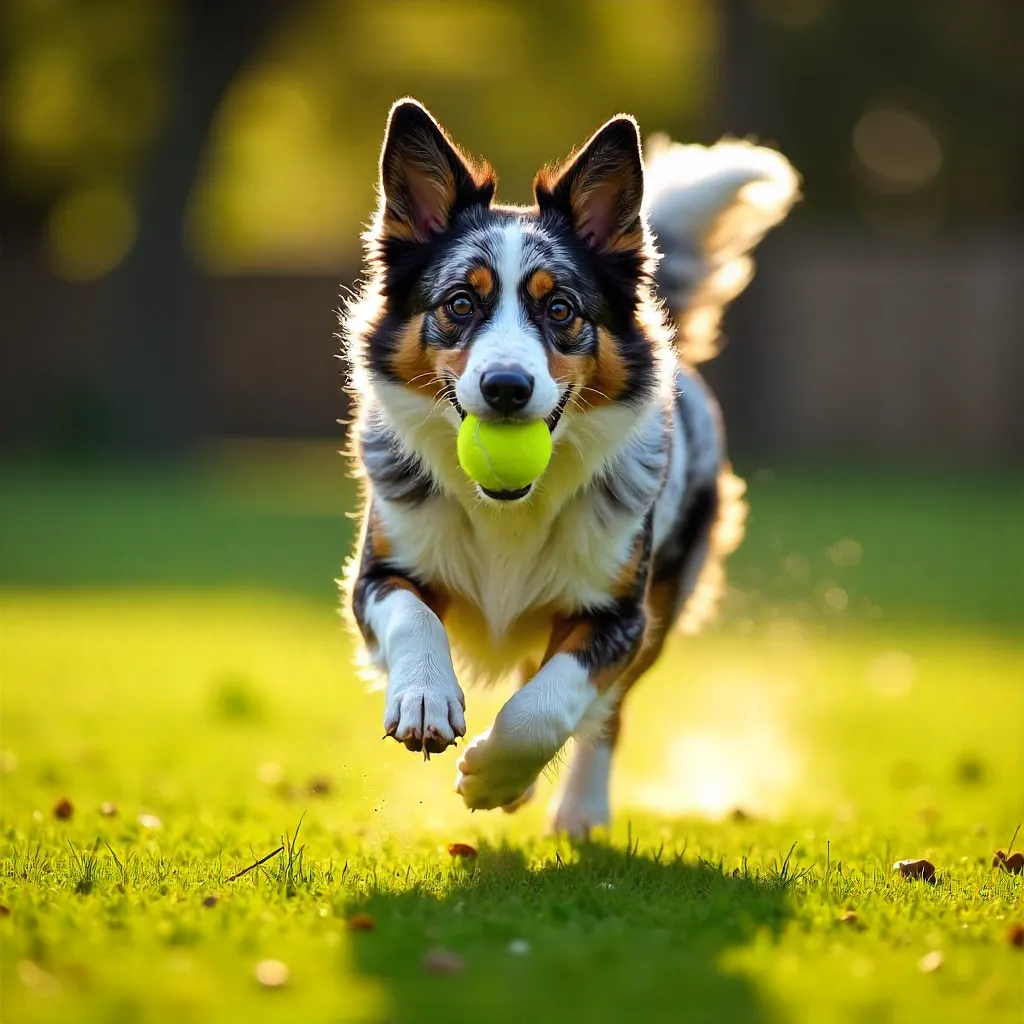 Joyful Australian Shepherd Racing with Tennis Ball