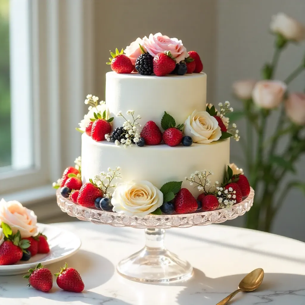 Elegant White Cake on a Floral-Berry Stand