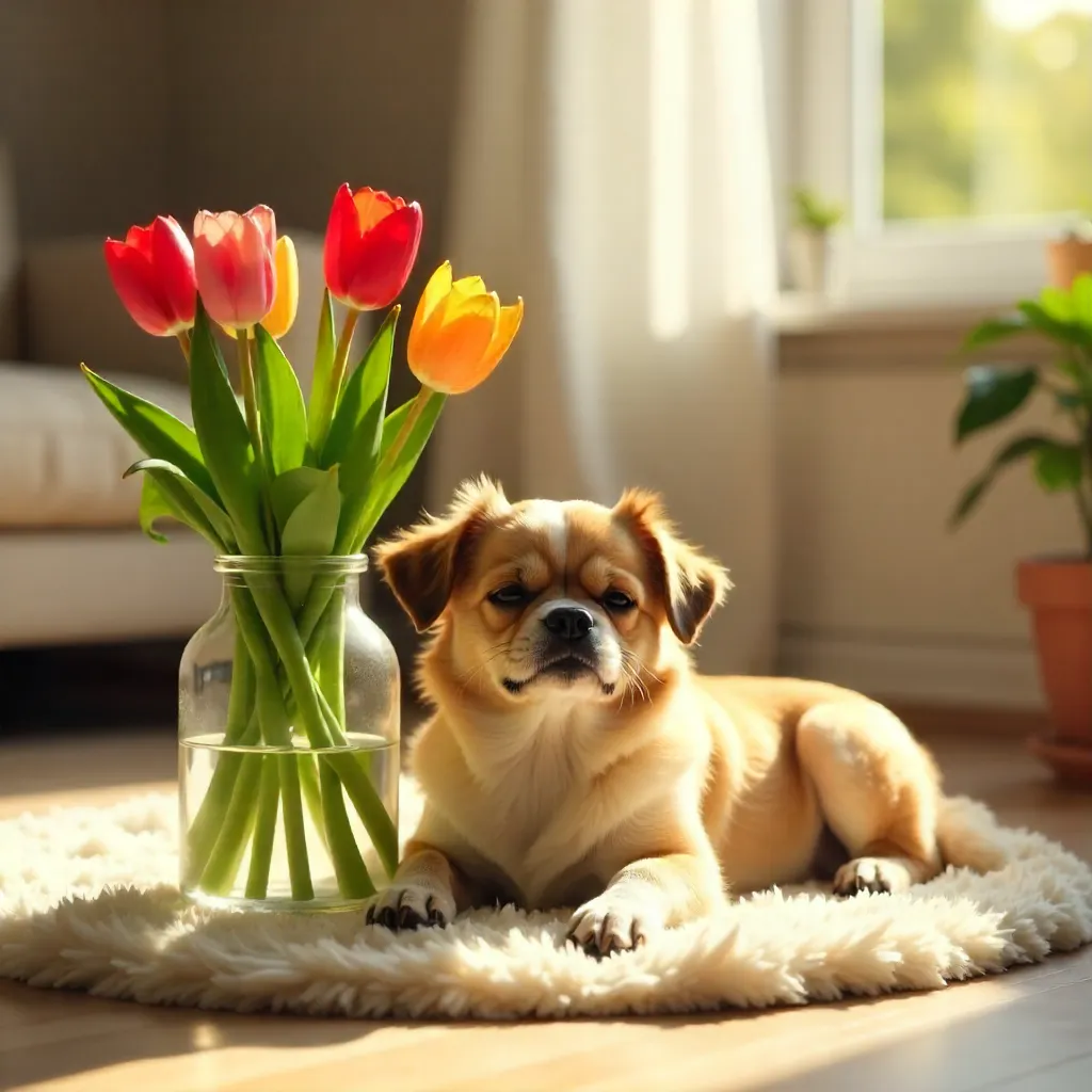 Sunlit Corner: Small Dog and Tulips