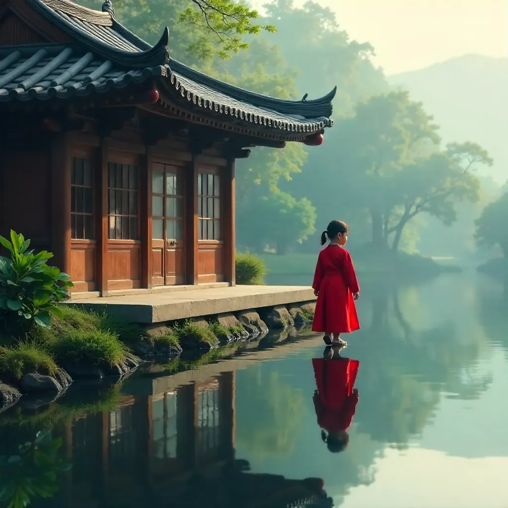 Red-Clad Child by Reflective Wooden Building
