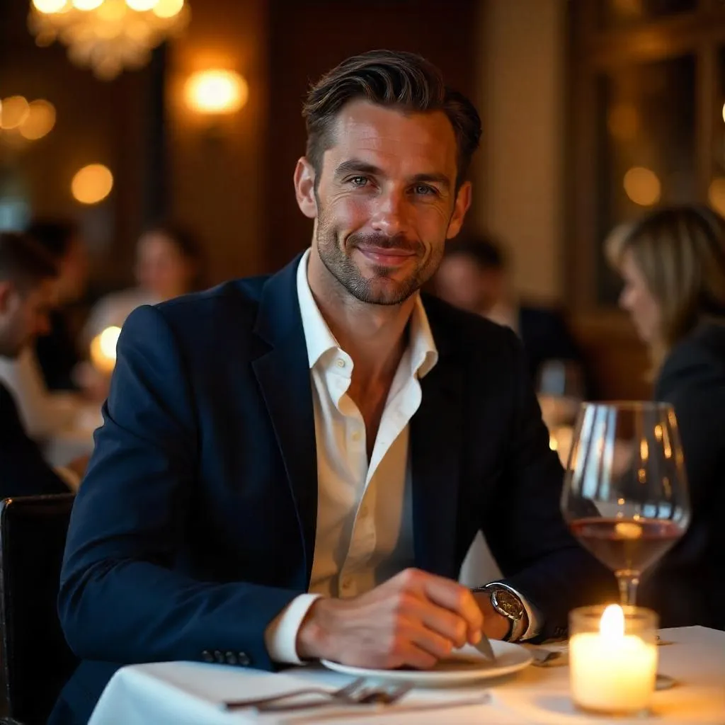Candlelit Portrait of a Handsome Caucasian Man in a Restaurant