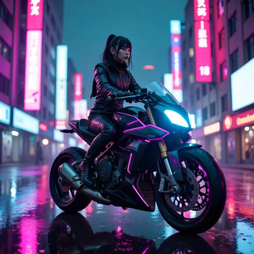 Neon Rider: Cyberpunk Asian Woman on a Motorcycle