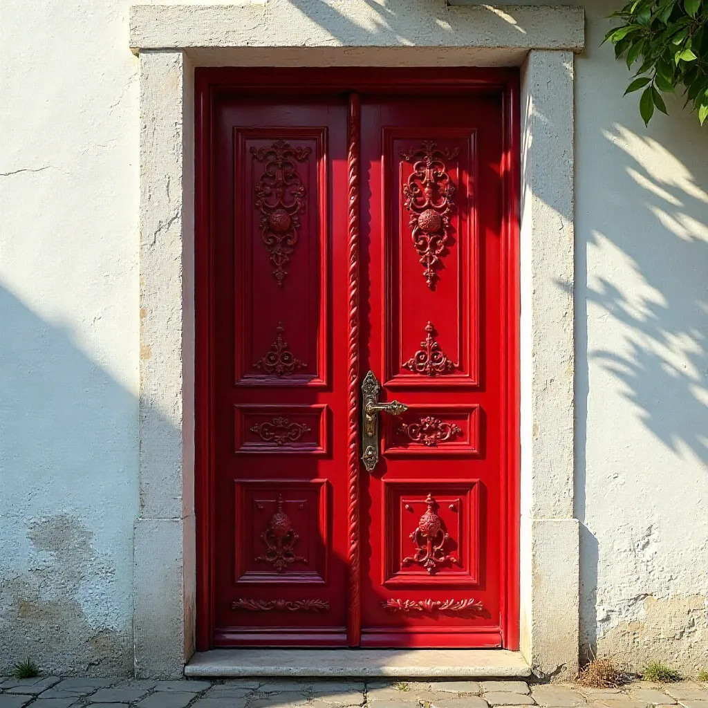 Crimson Wrought Iron Door on a White Textured Wall