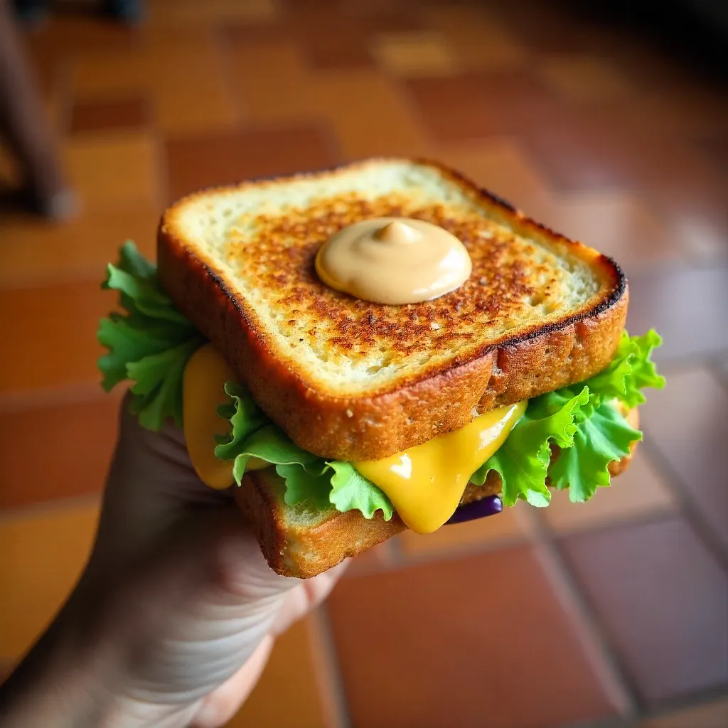 Close-Up Grilled Sandwich Held Over Patterned Floor