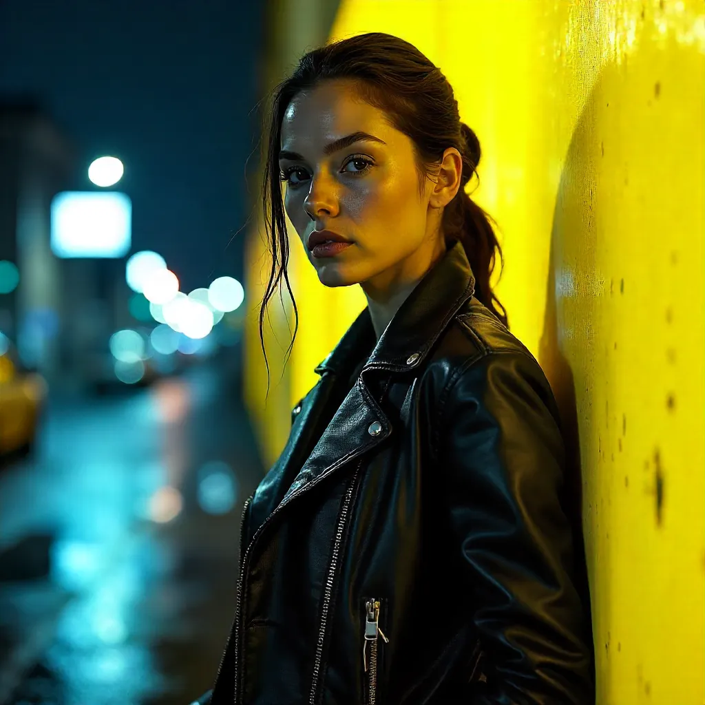 Noir Enigma: Leather Woman Against Neon Yellow Night