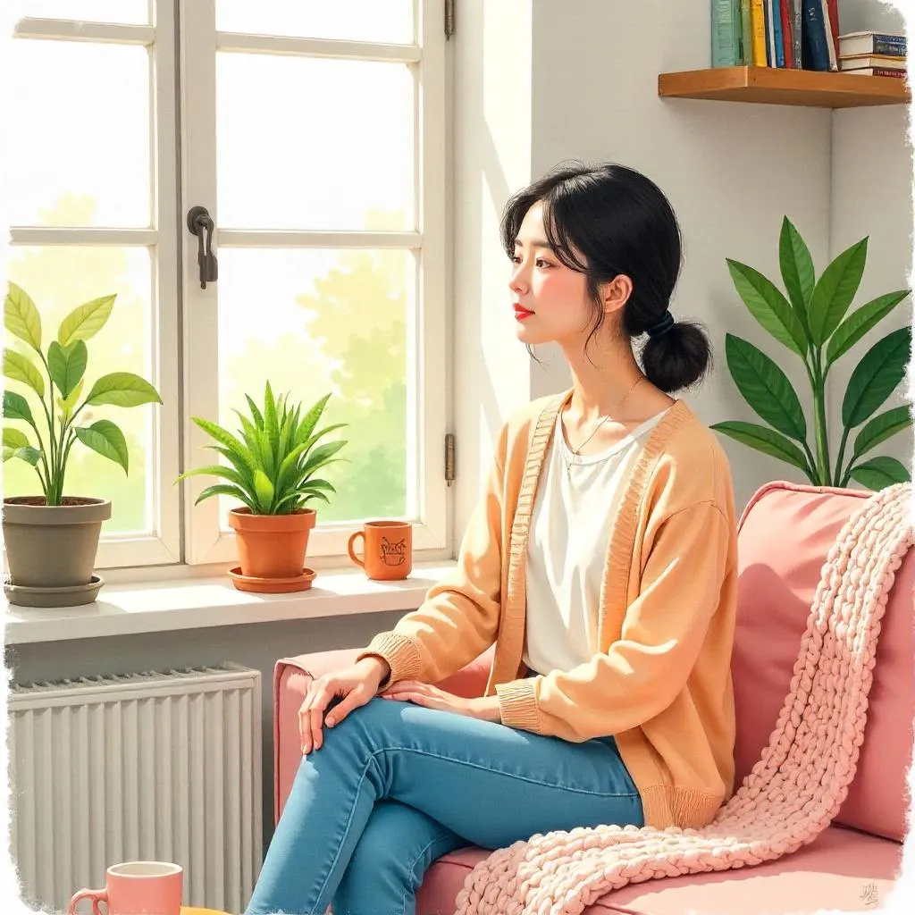 Watercolor Portrait: Young Asian Woman in a Cozy Apartment