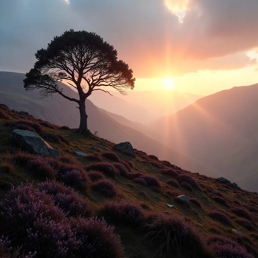 Silhouetted Highland Tree at Dawn in Mist