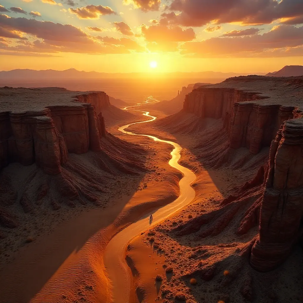 Aerial Sunset Over Rugged Desert Terrain