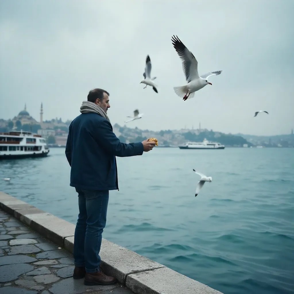 Man Feeding Seagulls by the Bosphorus, Istanbul