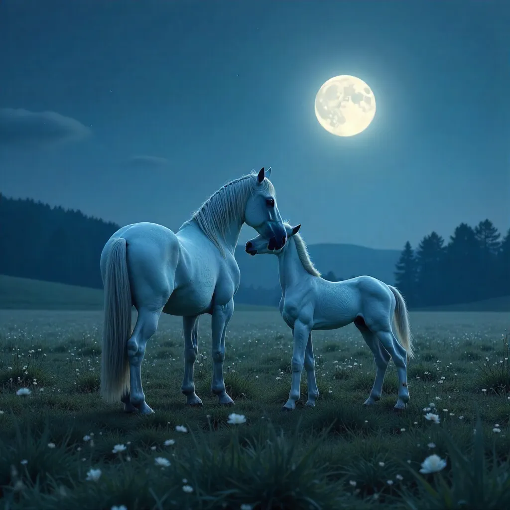 Moonlit White Horse and Foal in a Calm Meadow