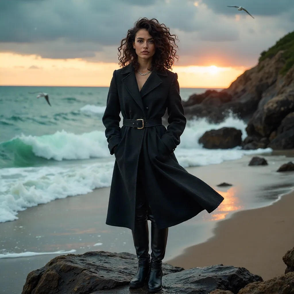 Sea Breeze Elegance: Curly-Haired Woman in a Dark Coat