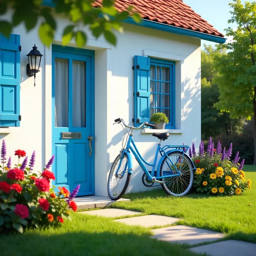 Blue Bicycle by a White House with Blue Doors on a Sunny Day