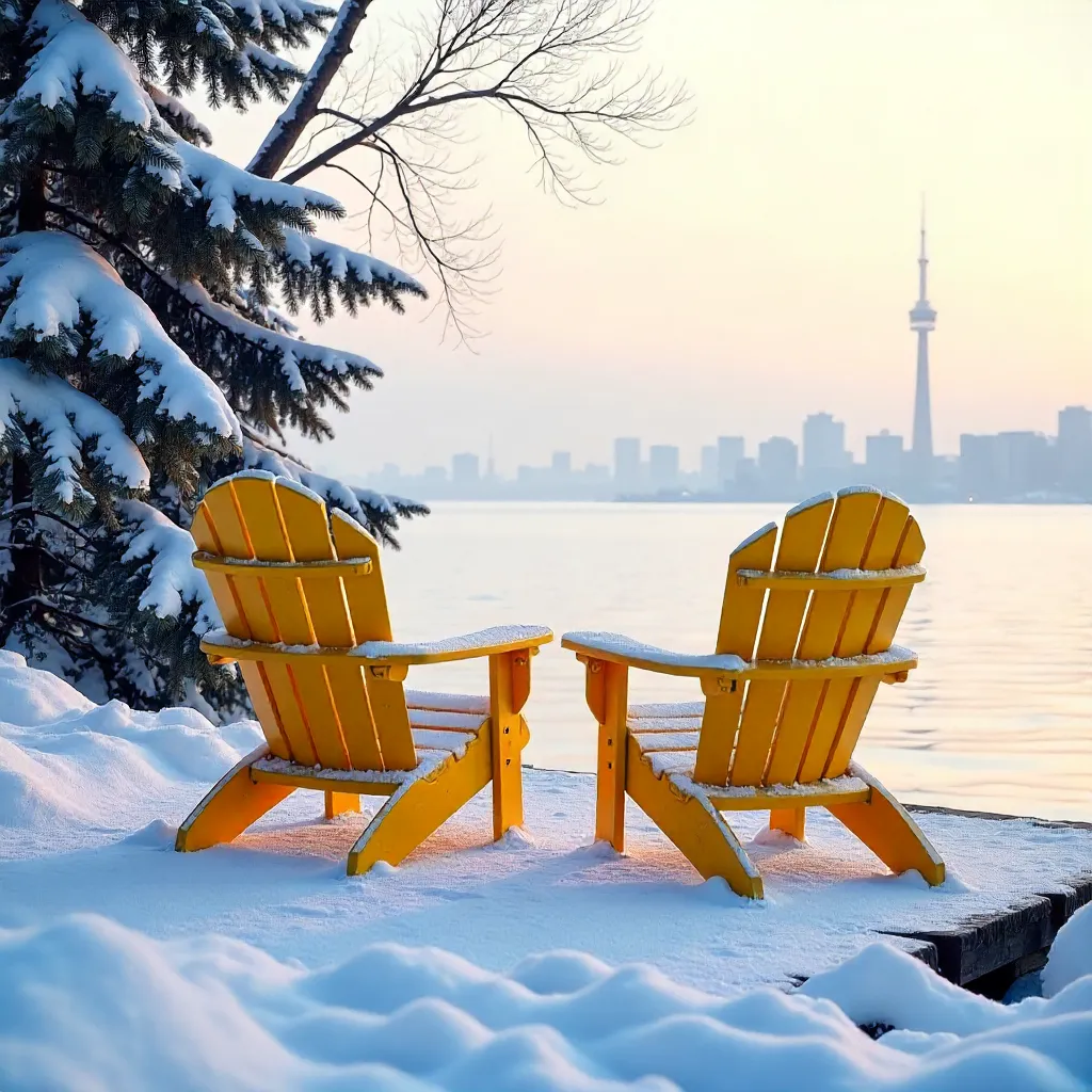 Two Snowy Yellow Muskoka Chairs by Lake Ontario