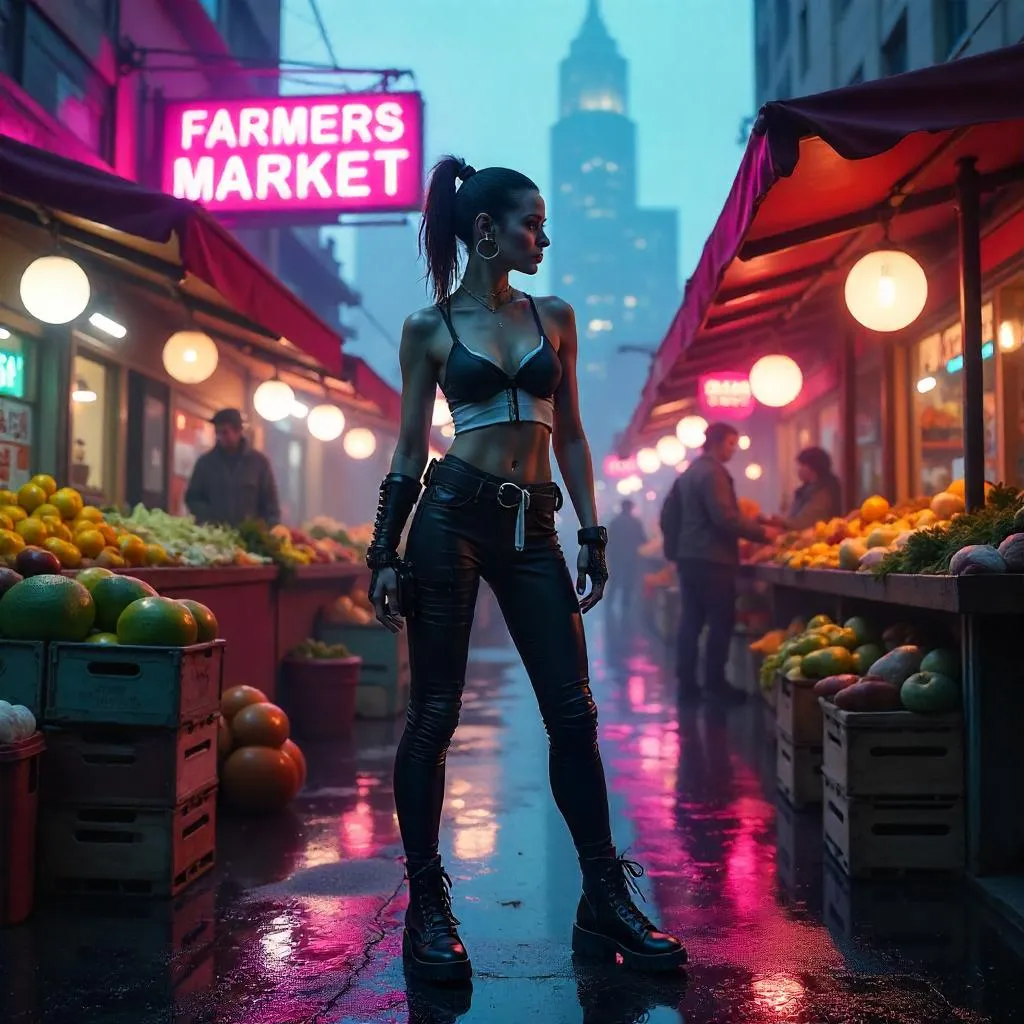 Confident Cyberpunk Woman at Neon Farmers Market