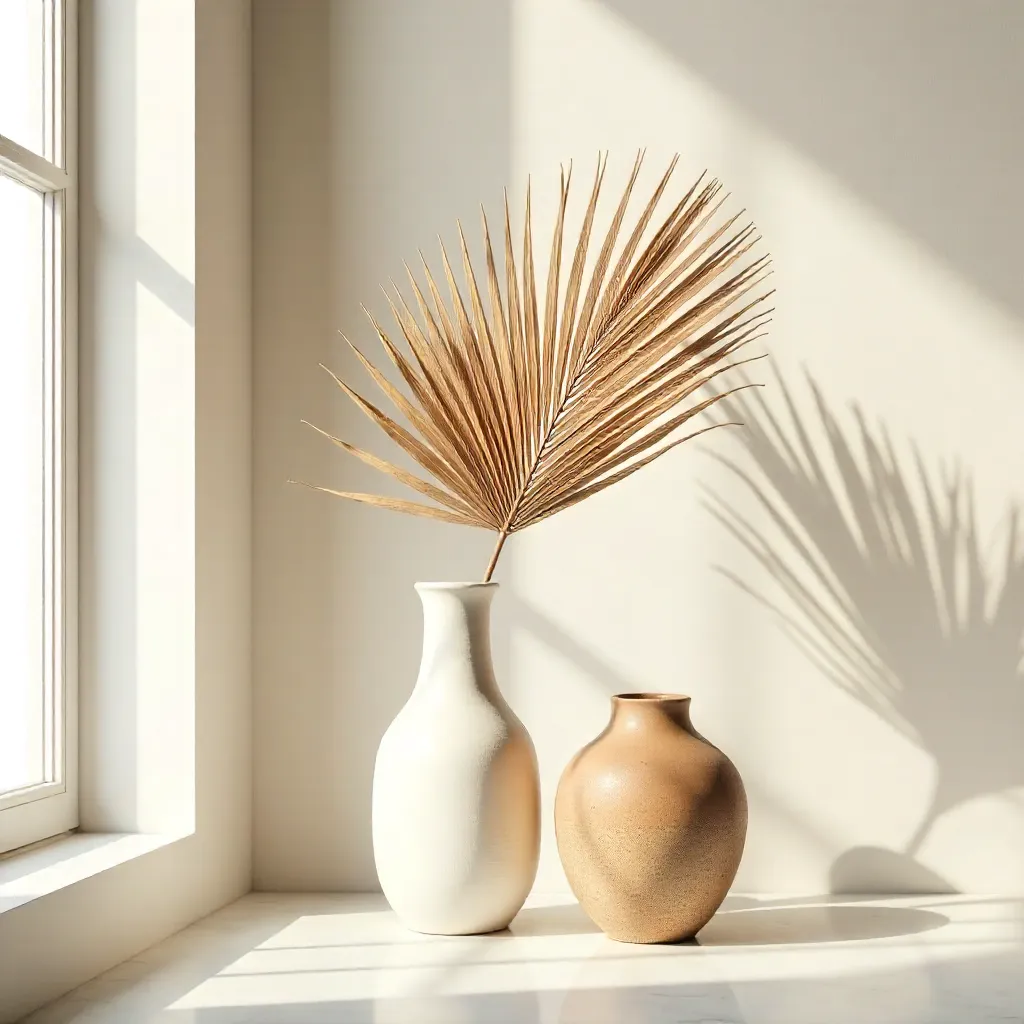 Elegant Minimalist Decor: Palm Leaf & Ceramic Vases