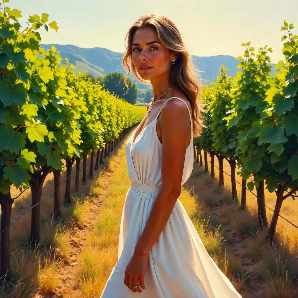 Stylish White Woman in an Oil Vineyard