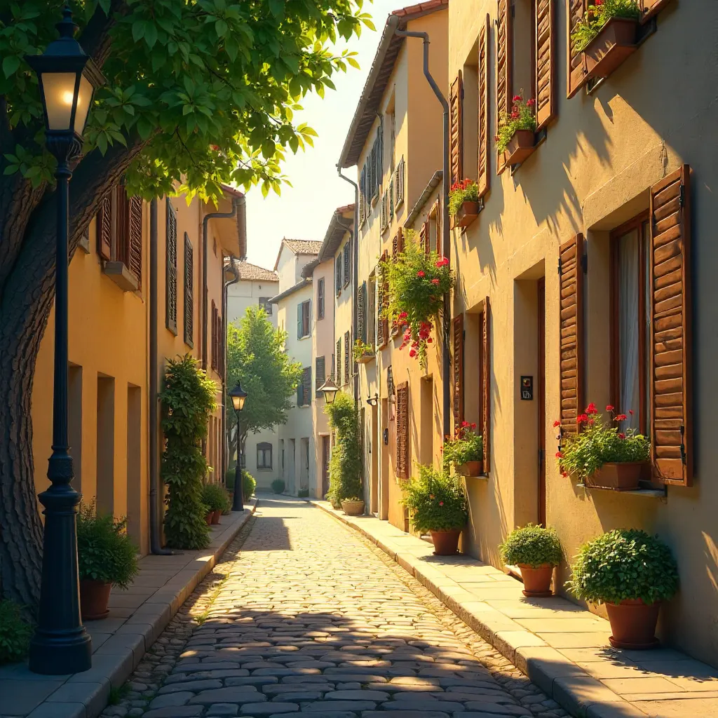 Sunlit European Street with Shutters and Lamp