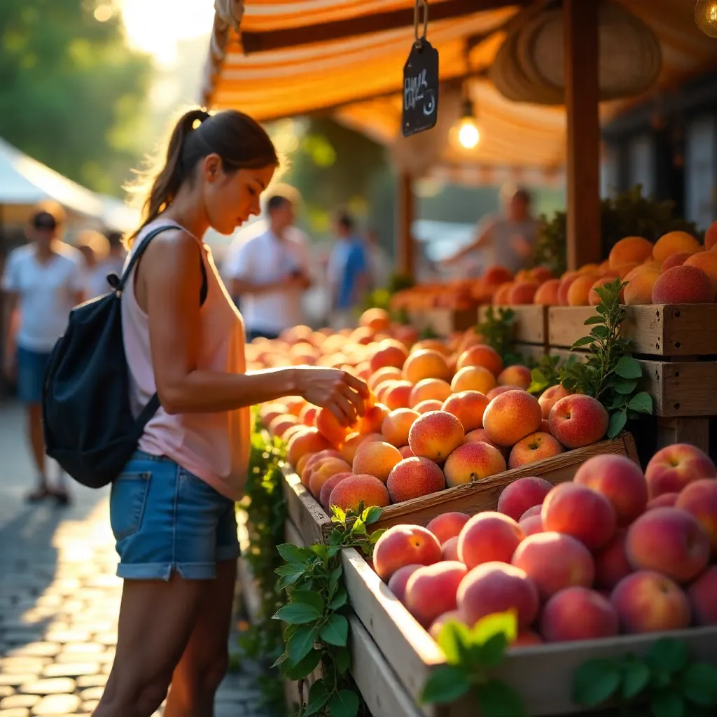 Picking Fresh Peaches at a Lively Market Stall
