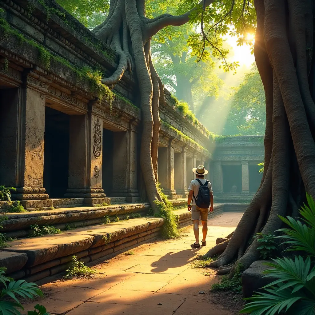 Explorer at Ta Prohm: Roots and Carvings